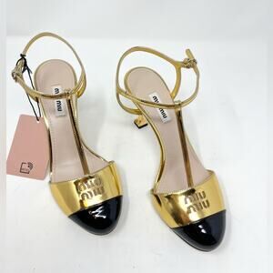NEW NIB Miu Miu Leather Cap Toe T Strap Heel Metallic Gold Black Logo size 36.5